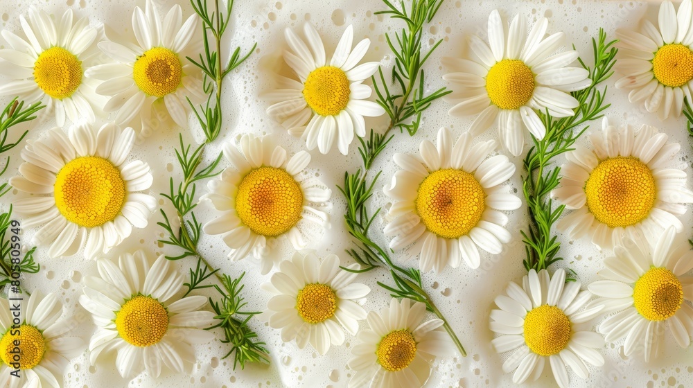   A collection of white and yellow daisies against a pristine white backdrop Petals hold water droplets, and green stems extend beneath