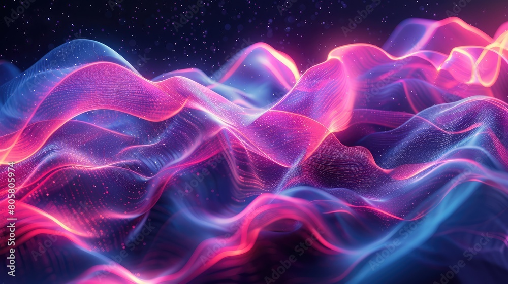 Obraz premium Vivid colors of pink and blue intertwine in an abstract landscape, resembling a mountainous terrain.