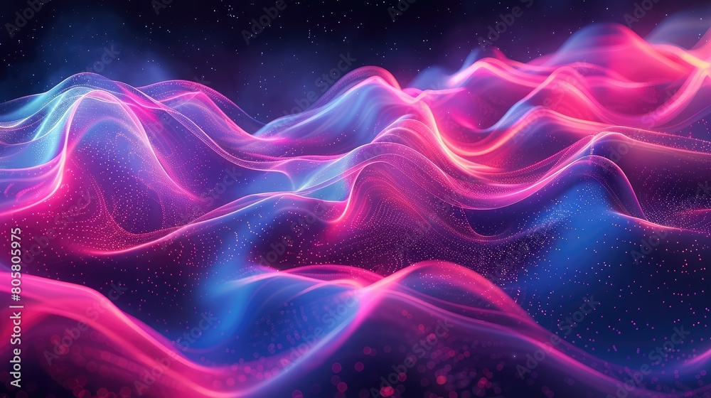 Vivid colors of pink and blue intertwine to form a landscape of rolling hills. Vivid colors of pink and blue intertwine to form a landscape of rolling hills.