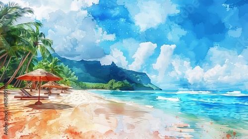watercolor Beach scene with palm trees, blue water, and a colorful sky.