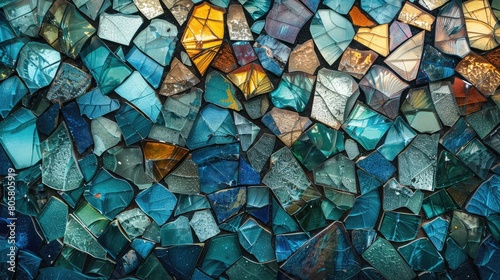 Unique and colorful mosaic of blue and green glass.