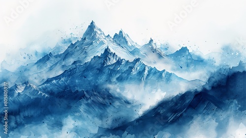 watercolor Blue watercolor painting of snow capped mountain range.