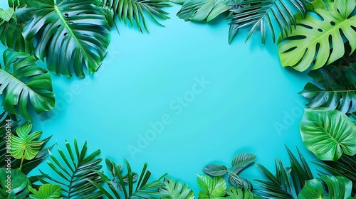   Green leaves against a blue backdrop  insert text or image of a tropical plant in the center
