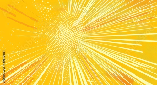 Yellow background with sun rays and halftone dots