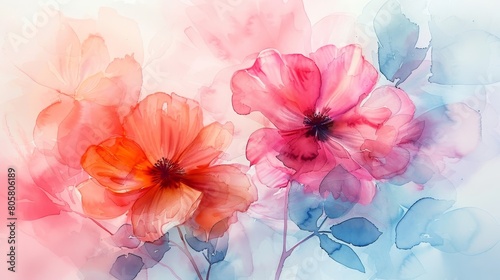 watercolor Delicate watercolor painting of pink and red flowers with blue leaves on a white background.