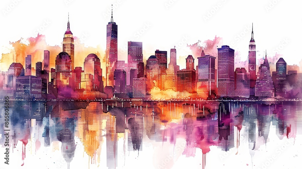 Obraz premium watercolor New York City skyline in watercolor painting. Purple, orange and blue colors.