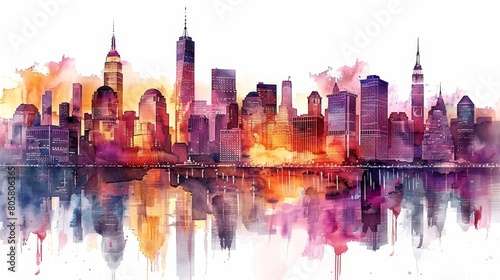 watercolor New York City skyline in watercolor painting. Purple  orange and blue colors.
