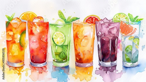 watercolor Refreshing and delicious summer drinks.