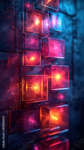 Colorful stacked cubes in shades of purple and magenta on a wall