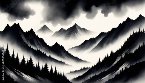 dark and mysterious a drawing of mountains and tre (7) photo