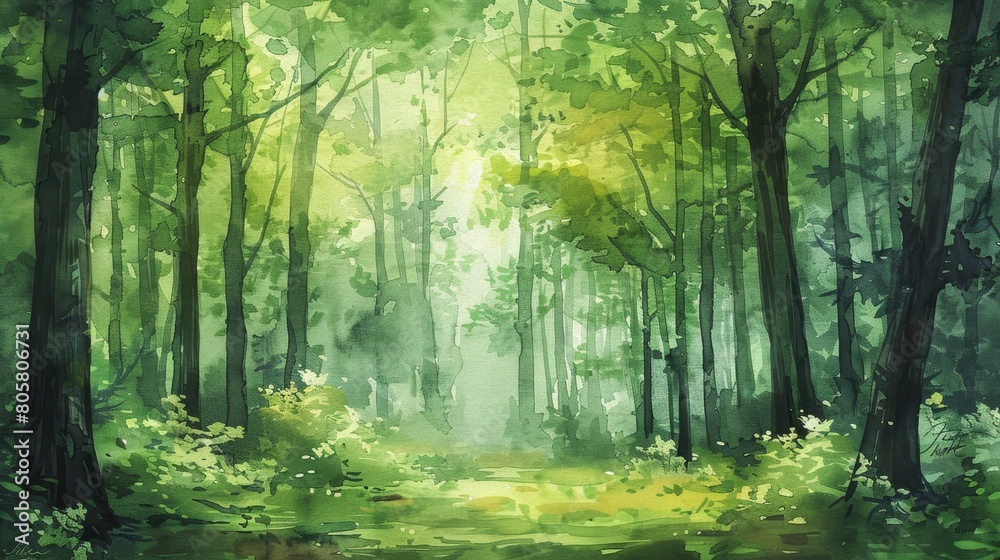 Obraz premium watercolor The green forest is a beautiful place to visit. The trees are tall and lush, the air is fresh and clean. It's a great place to relax and enjoy the peace and quiet of nature.
