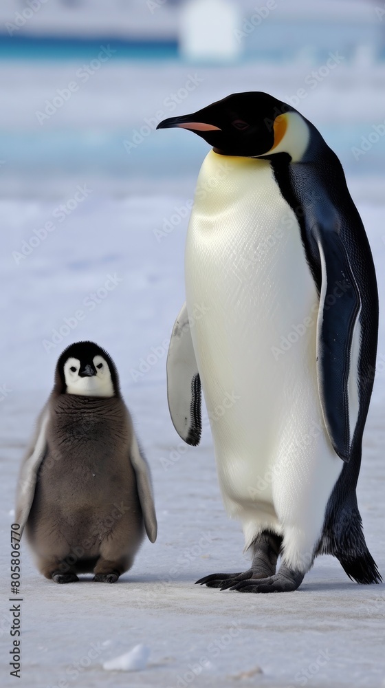 Obraz premium Emperor Penguin and Chick Standing on Antarctic Ice
