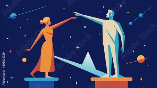 A sculpture of two figures one pointing towards the stars while the other points towards the ground symbolizing philosophical discourse on the balance. Vector illustration