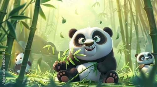 Image Description  A cute cartoon panda  with black and white fur  happily eating bamboo in a lush bamboo forest in China  surrounded by tall bamboo trees