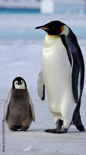 Emperor Penguin and Chick Standing on Antarctic Ice