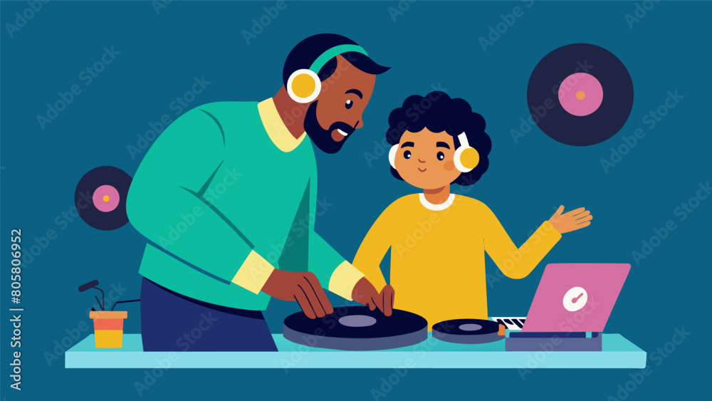 Amidst the sound of scratching records a mentor teaches their mentee the art of DJing and how to seamlessly blend songs together. Vector illustration Amidst the sound of scratching records a mentor teaches their mentee the art of DJing and how to seamlessly blend songs together. Vector illustration