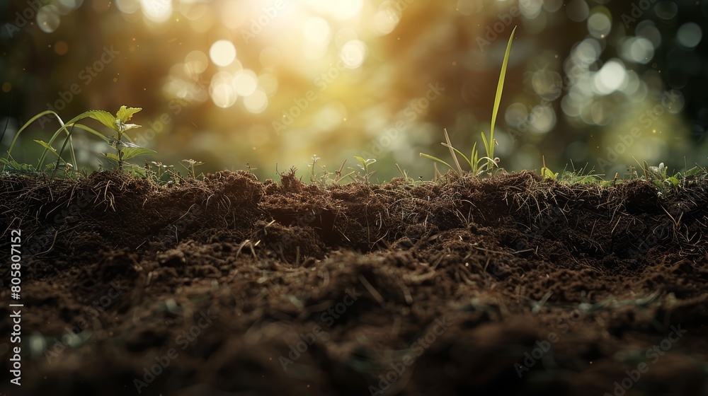 Fototapeta premium A tight shot of a mound of soil with a plant sprouting from its heart