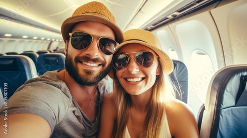 Traveler taking a selfie onboard an airplane - Summer vacationing couple having a good time - Passengers boarding the aircraft - Vacations and transportation idea . © Naqash