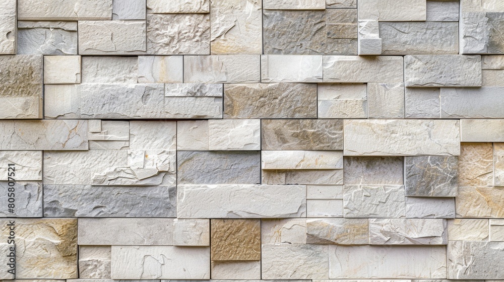 A closeup of the wall, featuring rectangular stone tiles in various shades and sizes, arranged to create an intricate pattern with light gray and beige tones.