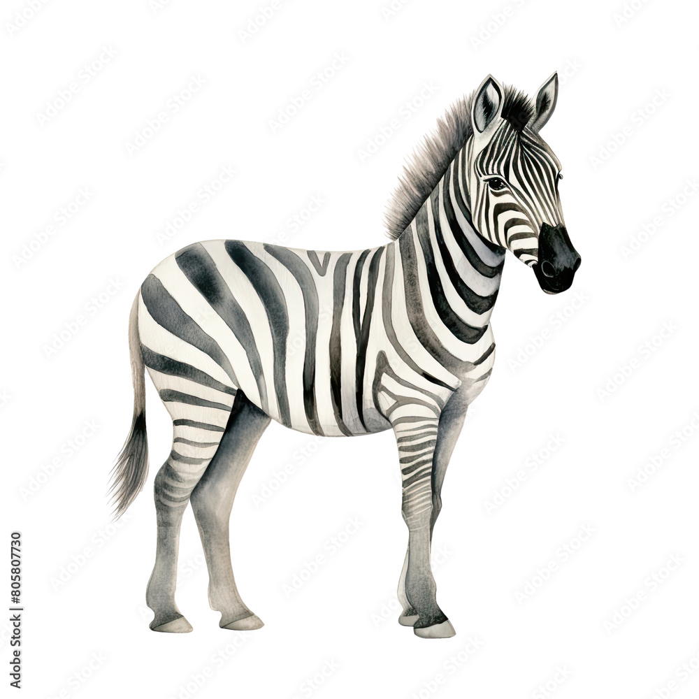 AI-Generated Watercolor cute Zebra standing Clip Art Illustration. Isolated elements on a white background. AI-Generated Watercolor cute Zebra standing Clip Art Illustration. Isolated elements on a white background.