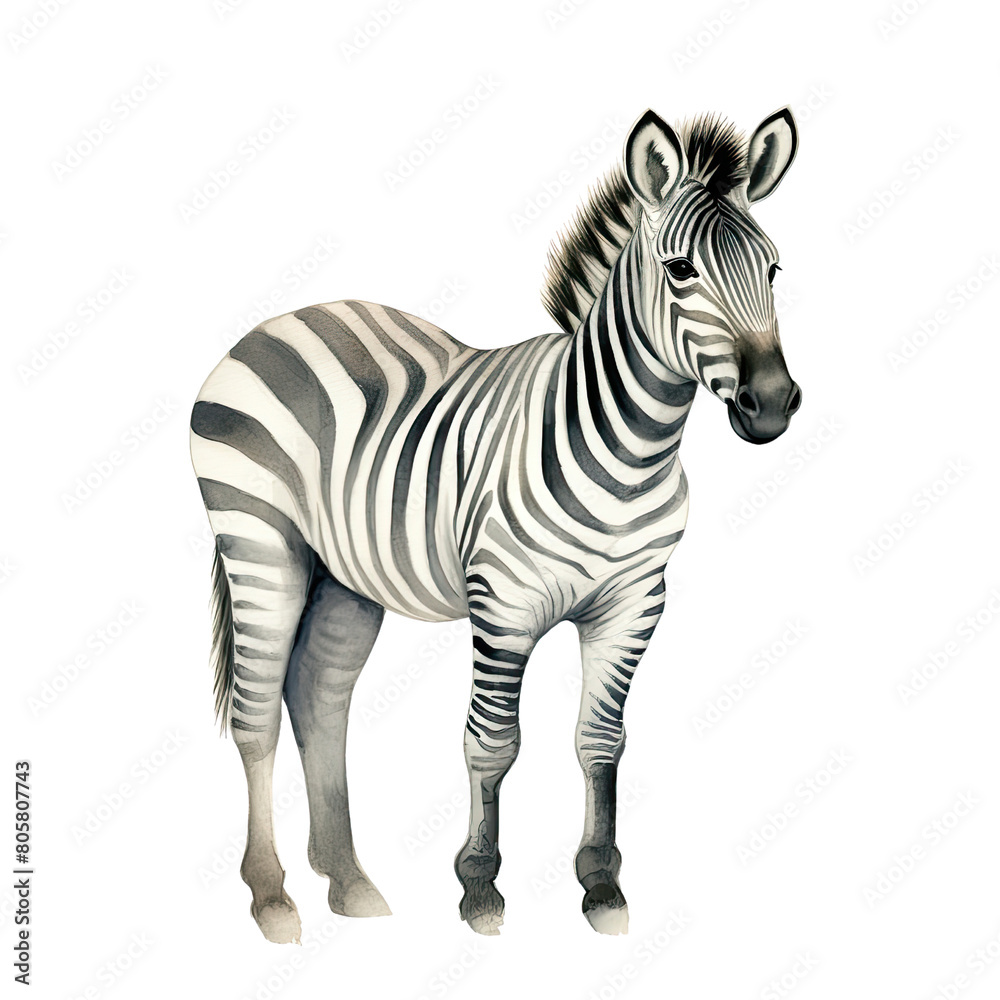 Obraz premium AI-Generated Watercolor cute Zebra standing Clip Art Illustration. Isolated elements on a white background.