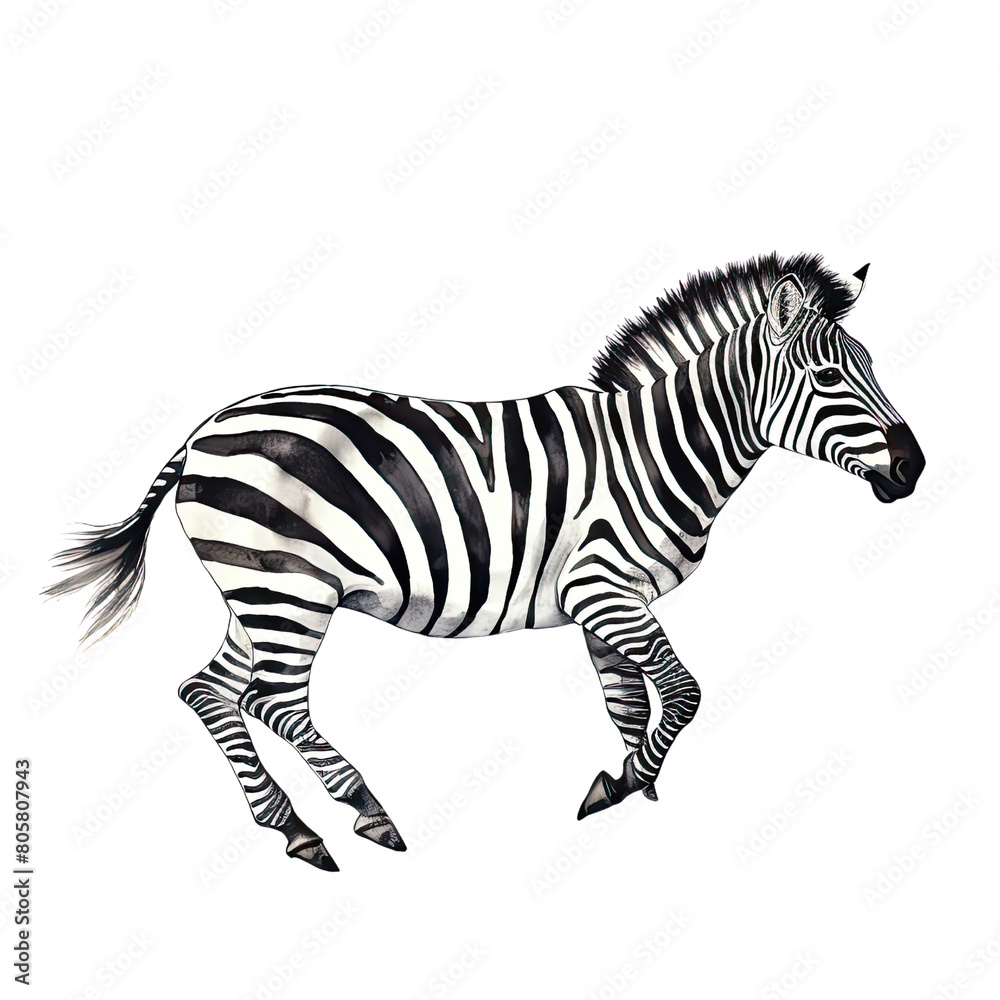 AI-Generated Watercolor cute Zebra running Clip Art Illustration. Isolated elements on a white background.