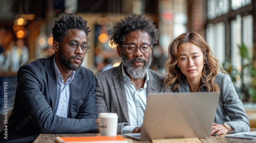 Team of professionals working together in a modern cafe with a laptop Team of professionals working together in a modern cafe with a laptop