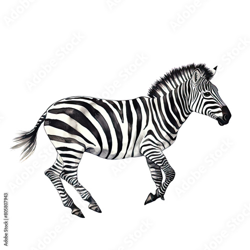 AI-Generated Watercolor cute Zebra running Clip Art Illustration. Isolated elements on a white background.