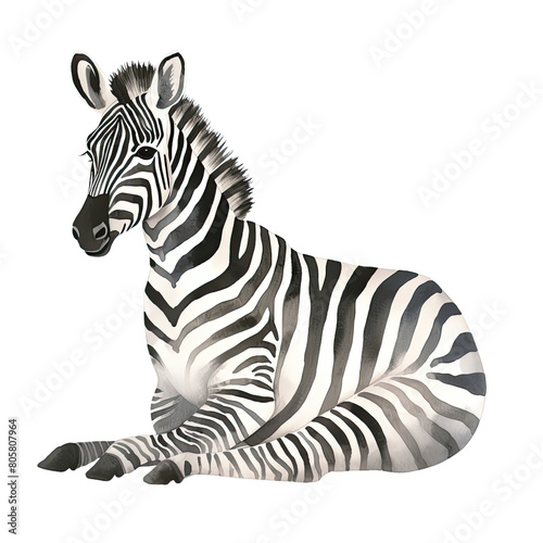 AI-Generated Watercolor cute Zebra sitting Clip Art Illustration. Isolated elements on a white background.