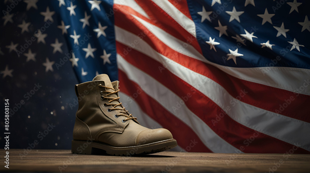 Old military combat boots with dog tags and a small American flag ...