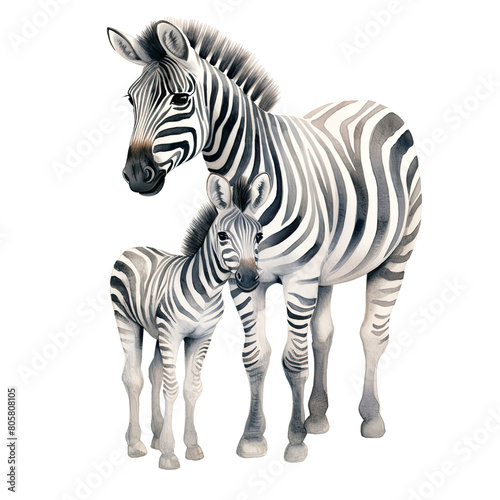 AI-Generated Watercolor cute mother and baby Zebra Clip Art Illustration. Isolated elements on a white background.