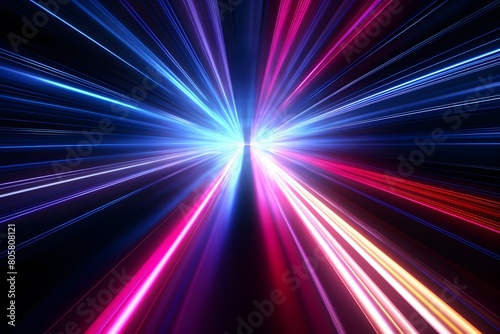 abstract dark background of light with stripes of colourful rays moving from the center 