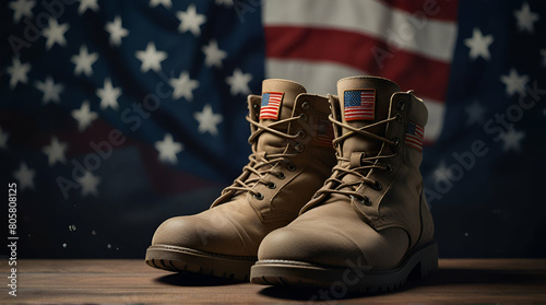 Old military combat boots with dog tags and a small American flag. Rocky gravel background with copy space. Memorial Day  Veterans day  sacrifice concept. Generative. Ai
