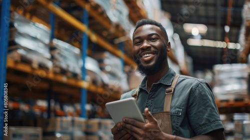 Smiling Warehouse Worker with Tablet photo