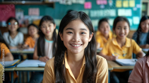 Smiling elementary school student sitting in class. Education at school and university. Asian schoolgirl student in the audience. Process of learning and education. 