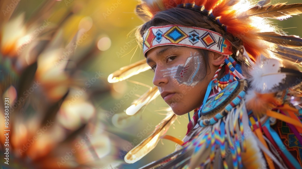 The close up picture of the native american teenage is wearing the costume of traditional dancer with blur background, the traditional dancer require cultural knowledge and dancing technique. AIG43.