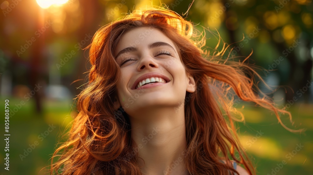A tight shot of a person beaming, hair swaying with the wind, surrounded by trees in the background A tight shot of a person beaming, hair swaying with the wind, surrounded by trees in the background