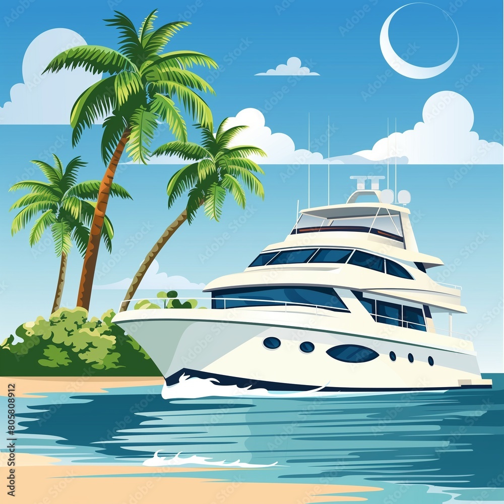 Luxury Yacht Anchored Near Tropical Island with Palm Trees and Blue Sky