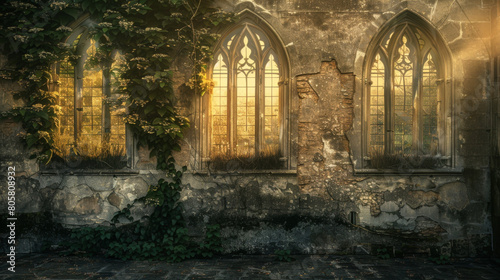 vintage background with ornate classic architectural elements, crumbling stone walls covered in ivy and moss