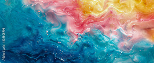A colorful painting with blue, pink, and yellow swirls