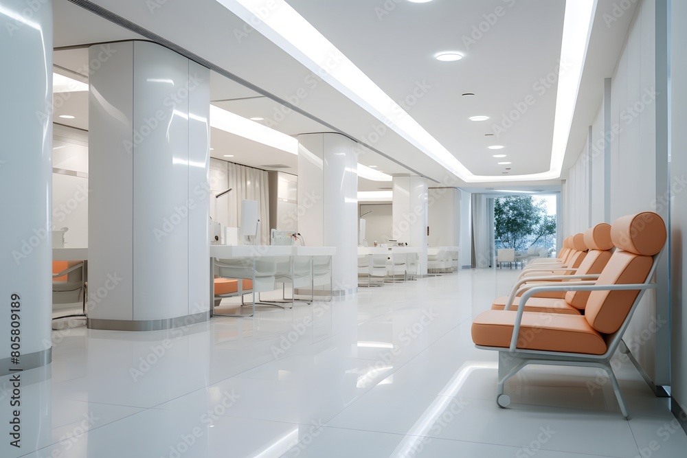 Empty modern hospital corridor with rooms and seats waiting room in medical office. Healthcare service interior
Empty modern hospital corridor with rooms and seats waiting room in medical office. Healthcare service interior