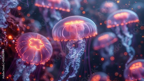 Illustrate a pod of iridescent jellyfish floating in a neon-hued underwater world, emitting a soft glow, using a pixel art technique to enhance the surrealistic feel photo