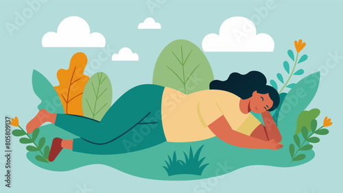Gently rolling onto your back you hug your knees to your chest and breathe deeply feeling the soothing energy of the garden around you.. Vector illustration photo