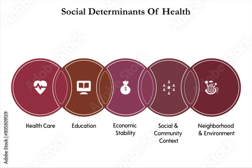 Five aspects of Social Determinants of health - Health Care, Education, Economic Stability, Social and Community Context, Neighborhood and environment. Infographic template with icons 