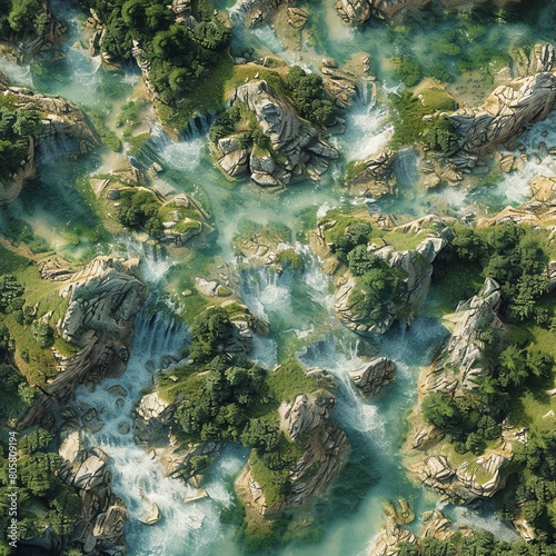 striking digital rendering of a top-down landscape with a mosaic of varied hydration sources like rivers, lakes, and waterfalls, incorporating photorealistic details