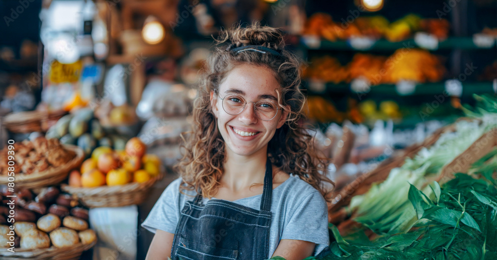 A woman with curly hair is smiling in front of a fruit and vegetable stand A woman with curly hair is smiling in front of a fruit and vegetable stand