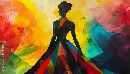dynamic acrylic painting portraying the back silhouette of a sustainable fashion ensemble Focus on vibrant colors and flowing lines to convey movement and sustainability in a modern and arti