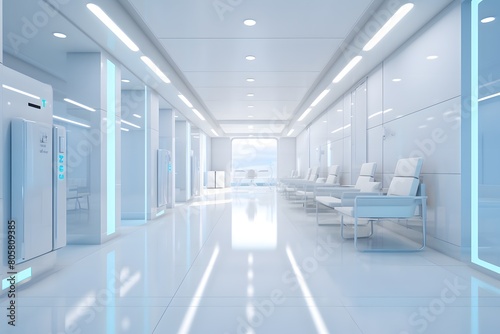 Empty modern hospital corridor with rooms and seats waiting room in medical office. Healthcare service interior 