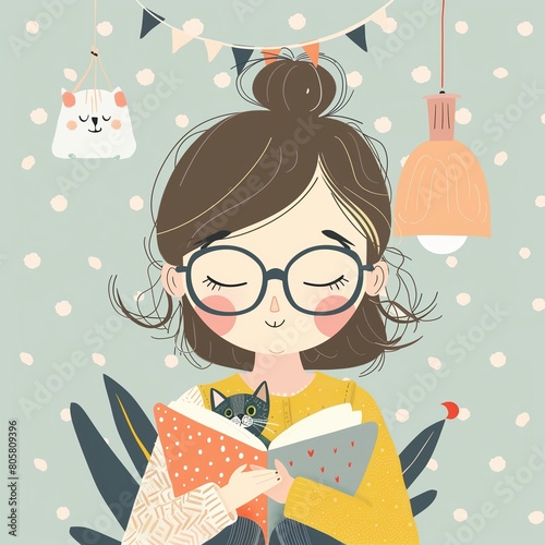 Cute Girl with Glasses Reading Book and Holding Cat Illustration