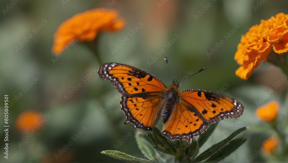 closeup shot of a beautiful butterfly with interesting textures on an orange-petaled flower closeup shot of a beautiful butterfly with interesting textures on an orange-petaled flower